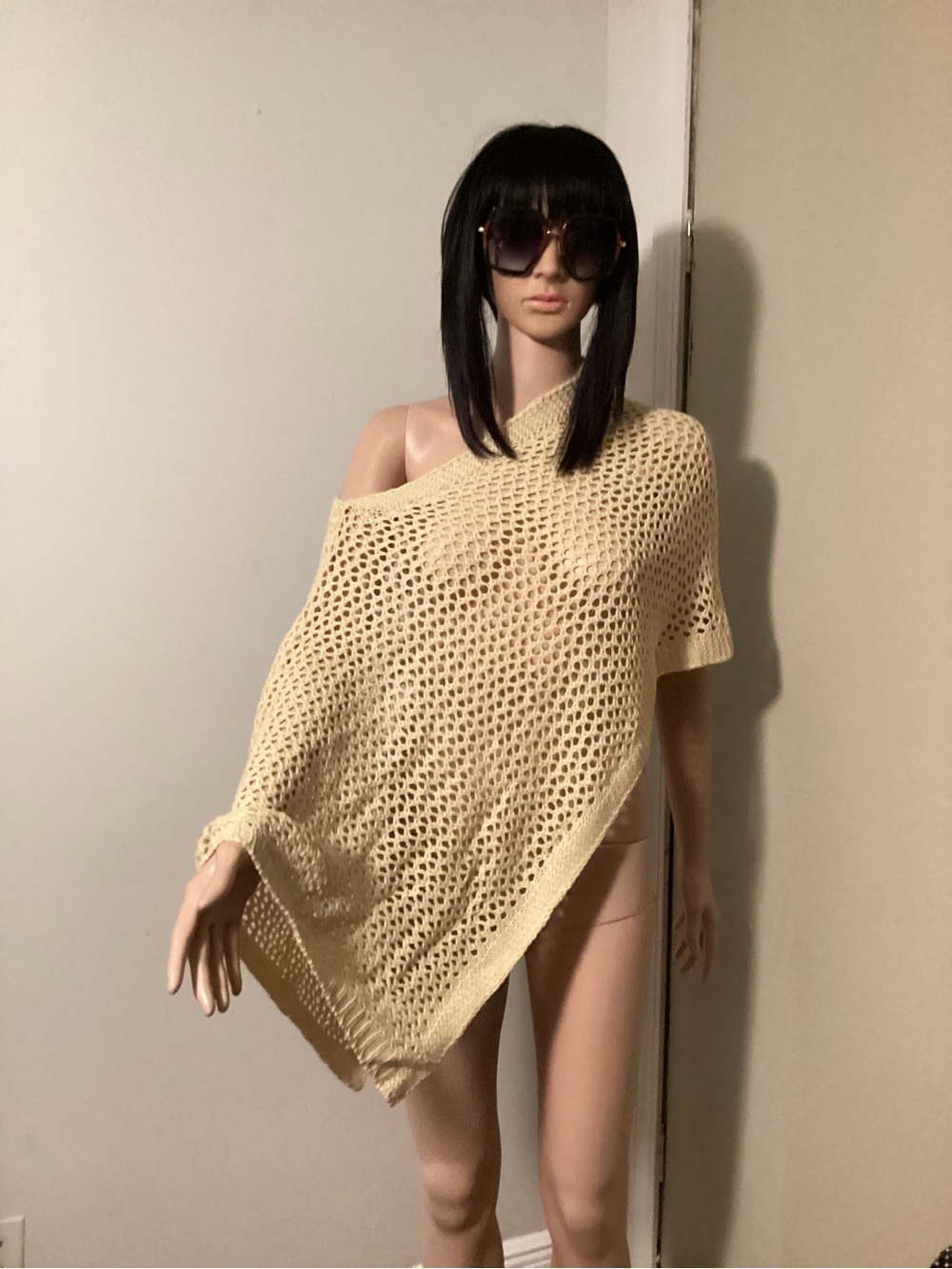 SHEIN Cream Open-Weave One-Shoulder Knit Sweater